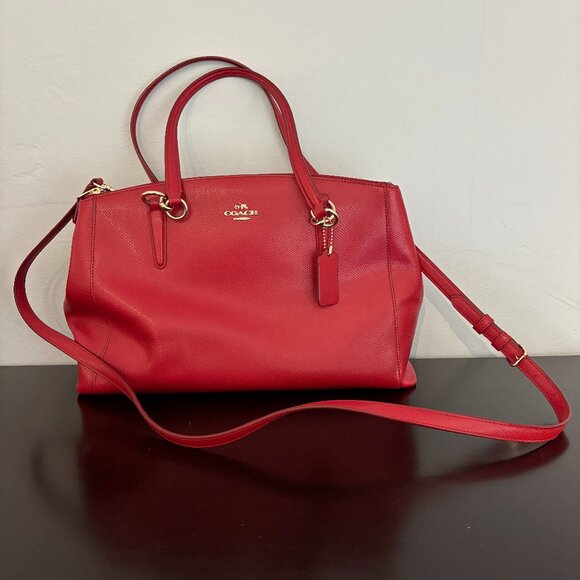 Coach Christie Carryall Cherry Red Crossgrain Leather Satchel - Picture 1 of 13